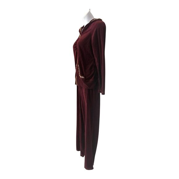 Monroe & Main Velour Tracksuit Burgundy Chain Trim Zipper Jacket Active Pant Set - Picture 8 of 16
